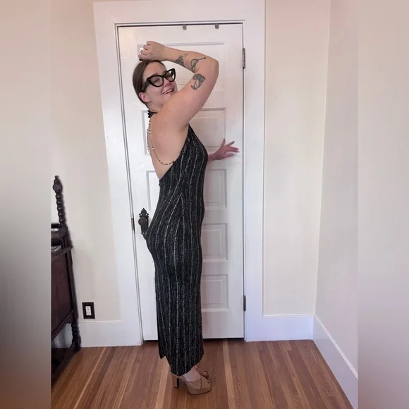 90s Vintage Fredricks of Hollywood Slinky Black Halter Dress w Beaded Chains - Picture 2 of 9